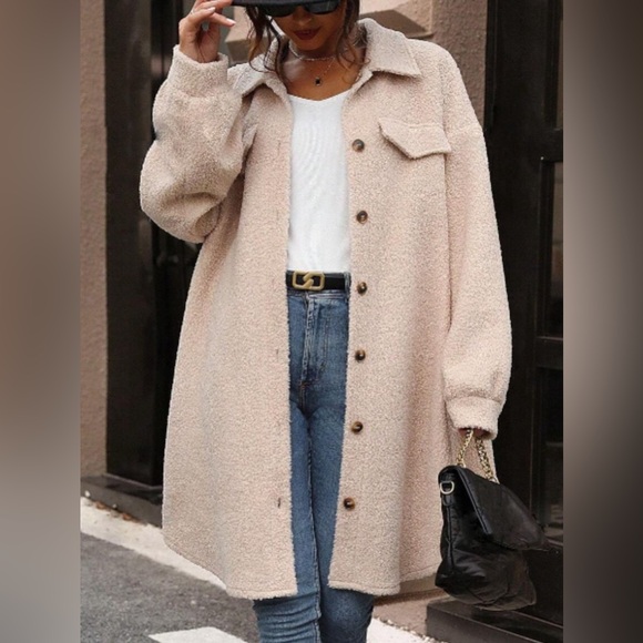 Button Up Drop Shoulder Sherpa Coat - Picture 5 of 6